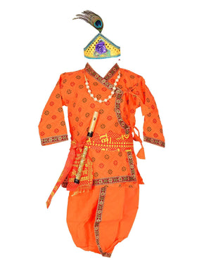 Ahhaaaa Cotton Pintex Print Krishna Dress Kurta with Dhoti Pant for Boys Orange