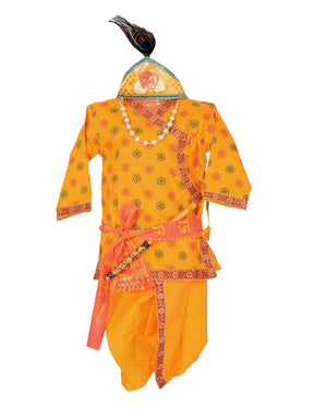 Ahhaaaa Cotton Pintex Print Krishna Dress Kurta with Dhoti Pant for Boys Yellow