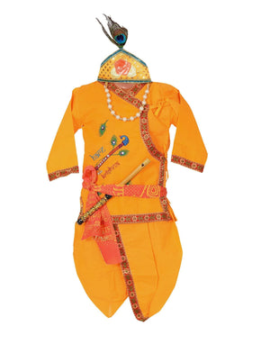 Ahhaaaa Cotton Stone Work Krishna Dress Handicraft Kurta with Dhoti Pant for Boys Yellow