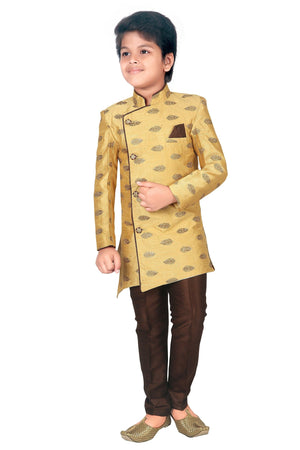 Ahhaaaa Ethnic Printed Embroidery Sherwani and Pyjama for Boys Gold