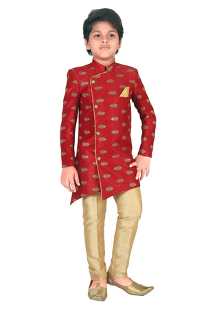 Ahhaaaa Ethnic Printed Embroidery Sherwani and Pyjama for Boys Maroon