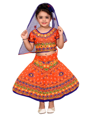 Ahhaaaa Girls Cotton Lehenga Choli-Chania Choli with Dupatta Set Orange
