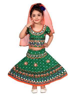 Ahhaaaa Girls Cotton Lehenga Choli-Chania Choli with Dupatta Set Green