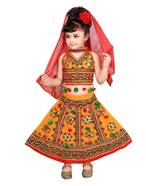 Ahhaaaa Girls Cotton Lehenga Choli with Dupatta Set Yellow