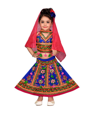 Ahhaaaa Girls Cotton Lehenga Choli with Dupatta Set Blue