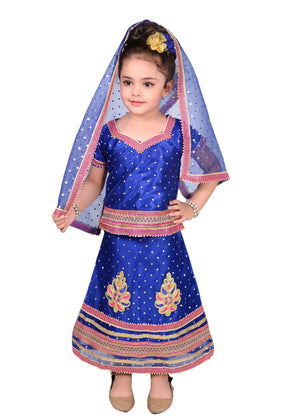 Ahhaaaa Girls Cotton Lehenga Choli with Dupatta Set (Dandiya Dress) Blue