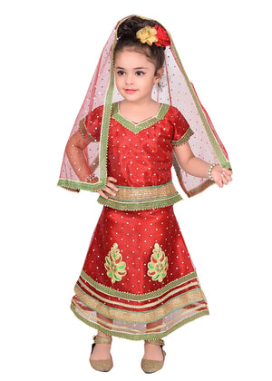 Ahhaaaa Girls Cotton Lehenga Choli with Dupatta Set (Dandiya Dress) Maroon