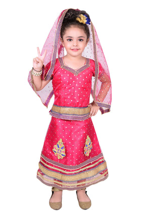 Ahhaaaa Girls Cotton Lehenga Choli with Dupatta Set (Dandiya Dress) Pink