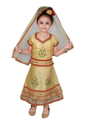 Ahhaaaa Girls Cotton Lehenga Choli with Dupatta Set (Dandiya Dress) Gold