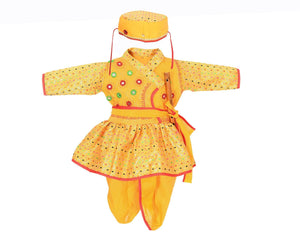 AHHAAAA Indian Traditional Gujarati Boy/Garba Dress | Cotton Ethnic Wear Angarakha and Dhoti Pant With Pagri & Flute Yellow