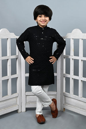 Ahhaaaa Kid's Full Sequin Embroidery Mirror Work Kurta with Pajama for Boys Black