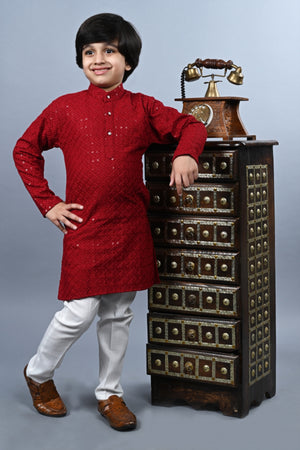 Ahhaaaa Kid's Full Sequin Embroidery Mirror Work Kurta with Pajama for Boys Red