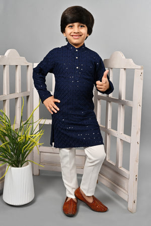 Ahhaaaa Kid's Full Sequin Embroidery Mirror Work Kurta with Pajama for Boys Navy