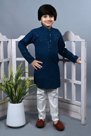 Ahhaaaa Kid's Full Sequin Embroidery Mirror Work Kurta with Pajama for Boys Teal