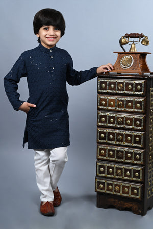 Ahhaaaa Kid's Full Sequin Embroidery Mirror Work Kurta with Pajama for Boys Charcoal