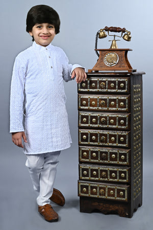 Ahhaaaa Kid's Full Sequin Embroidery Mirror Work Kurta with Pajama for Boys White