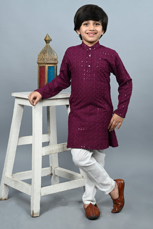 Ahhaaaa Kid's Full Sequin Embroidery Mirror Work Kurta with Pajama for Boys Wine