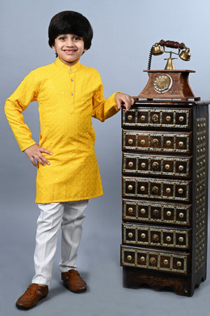 Ahhaaaa Kid's Full Sequin Embroidery Mirror Work Kurta with Pajama for Boys Yellow