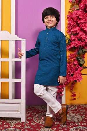 Ahhaaaa Kid's Sequin Print Embroidery Mirror Work Kurta with Pajama for Boys