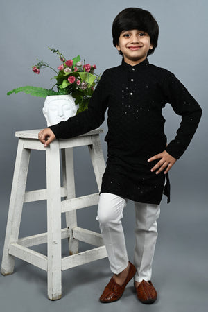 Ahhaaaa Kid's Sequin Print Embroidery Mirror Work Kurta with Pajama for Boys Black