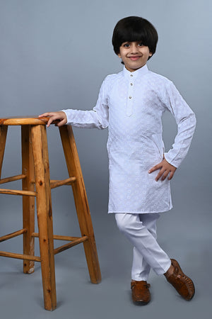 Ahhaaaa Kid's Sequin Print Embroidery Mirror Work Kurta with Pajama for Boys White