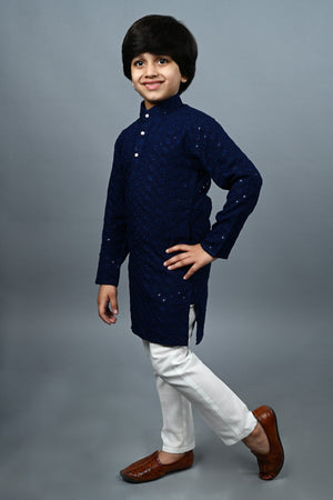 Ahhaaaa Kid's Sequin Print Embroidery Mirror Work Kurta with Pajama for Boys