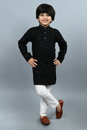 Ahhaaaa Kid's Sequin Print Embroidery Mirror Work Kurta with Pajama for Boys