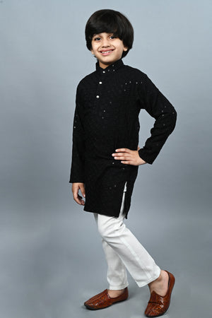 Ahhaaaa Kid's Sequin Print Embroidery Mirror Work Kurta with Pajama for Boys