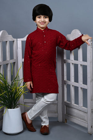 Ahhaaaa Kid's Sequin Print Embroidery Mirror Work Kurta with Pajama for Boys Red