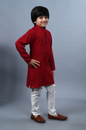 Ahhaaaa Kid's Sequin Print Embroidery Mirror Work Kurta with Pajama for Boys