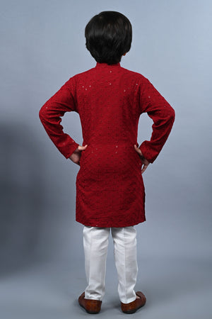 Ahhaaaa Kid's Sequin Print Embroidery Mirror Work Kurta with Pajama for Boys