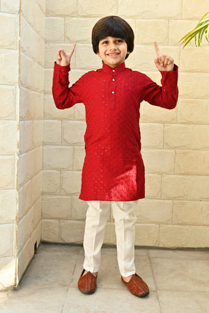 Ahhaaaa Kid's Sequin Print Embroidery Mirror Work Kurta with Pajama for Boys