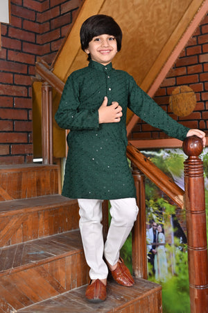 Ahhaaaa Kid's Sequin Print Embroidery Mirror Work Kurta with Pajama for Boys Green