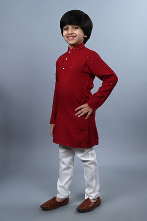 Ahhaaaa Kid's Sequin Print Embroidery Mirror Work Kurta with Pajama for Boys