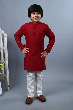 Ahhaaaa Kid's Sequin Print Embroidery Mirror Work Kurta with Pajama for Boys
