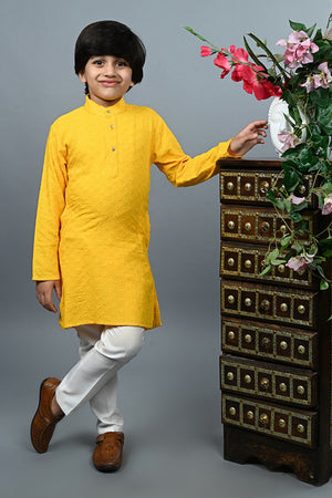 Ahhaaaa Kid's Sequin Print Embroidery Mirror Work Kurta with Pajama for Boys Yellow