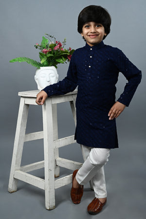 Ahhaaaa Kid's Sequin Print Embroidery Mirror Work Kurta with Pajama for Boys Navy