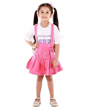 Ahhaaaa Kids Cotton Blend Top with Denim Skirt for Baby Girls Magenta