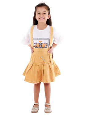 Ahhaaaa Kids Cotton Blend Top with Denim Skirt for Baby Girls Mustard
