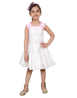 Ahhaaaa Kids Cotton Sleeveless Floral Knee Length Dress/Frock for Girls White