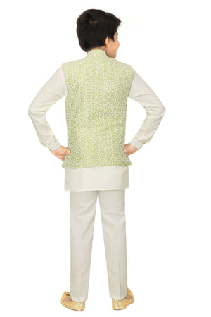 Ahhaaaa Kids Ethnic Chikankari Embroidery Waistcoat Kurta and Pajama Set For Boys