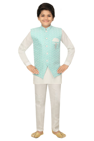 Ahhaaaa Kids Ethnic Chikankari Embroidery Waistcoat Kurta and Pajama Set For Boys Sky Blue