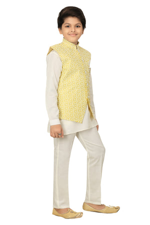 Ahhaaaa Kids Ethnic Chikankari Embroidery Waistcoat Kurta and Pajama Set For Boys