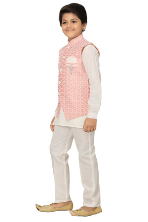 Ahhaaaa Kids Ethnic Chikankari Embroidery Waistcoat Kurta and Pajama Set For Boys