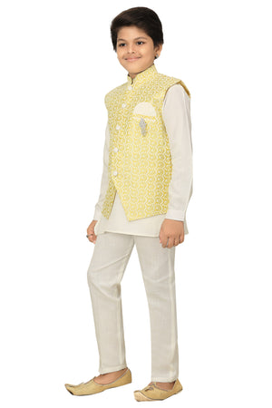 Ahhaaaa Kids Ethnic Chikankari Embroidery Waistcoat Kurta and Pajama Set For Boys