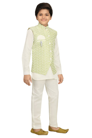 Ahhaaaa Kids Ethnic Chikankari Embroidery Waistcoat Kurta and Pajama Set For Boys