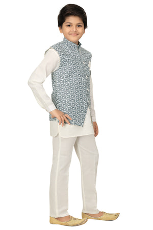 Ahhaaaa Kids Ethnic Chikankari Embroidery Waistcoat Kurta and Pajama Set For Boys