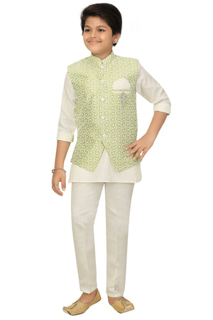 Ahhaaaa Kids Ethnic Chikankari Embroidery Waistcoat Kurta and Pajama Set For Boys