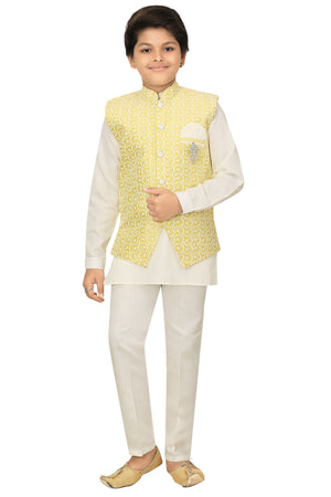Ahhaaaa Kids Ethnic Chikankari Embroidery Waistcoat Kurta and Pajama Set For Boys Yellow