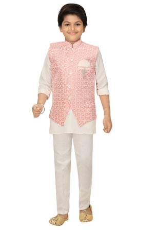 Ahhaaaa Kids Ethnic Chikankari Embroidery Waistcoat Kurta and Pajama Set For Boys